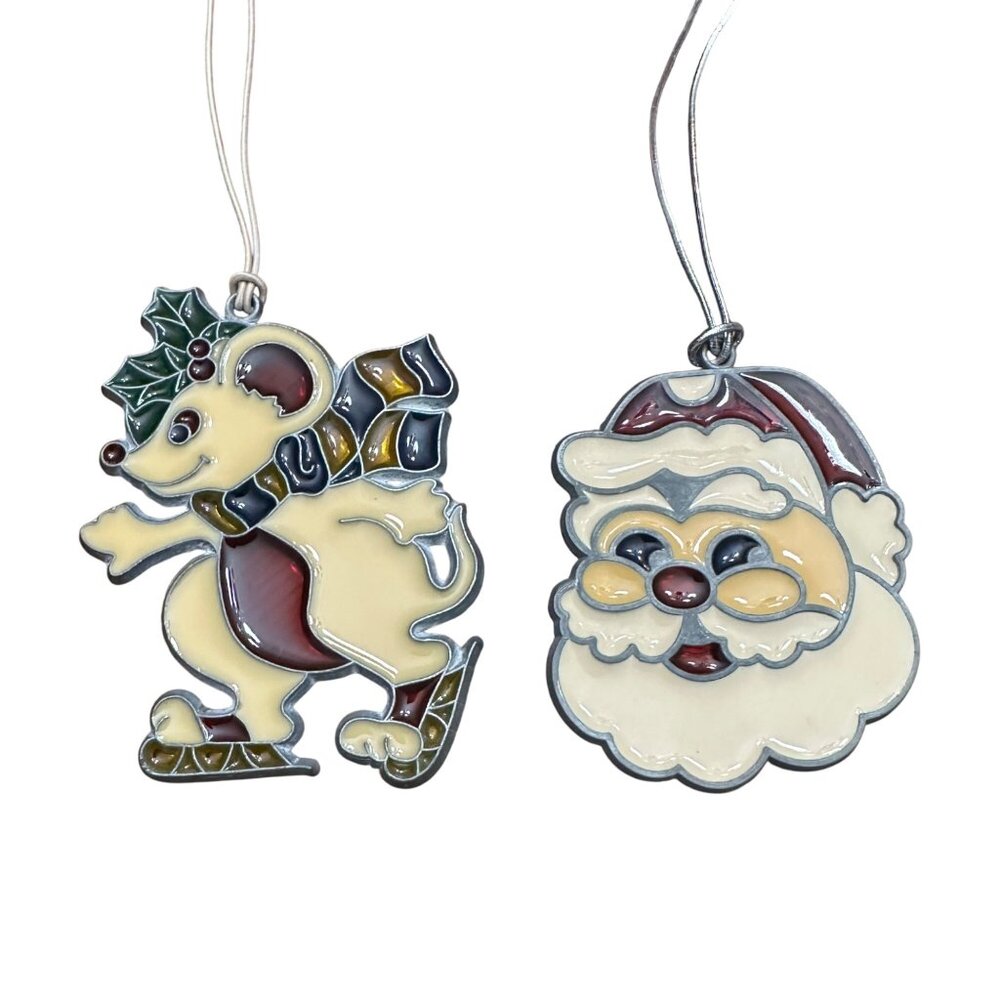 Vintage Suncatchers Ornaments Mouse w/ Skates Santa Face Stained Glass Christmas